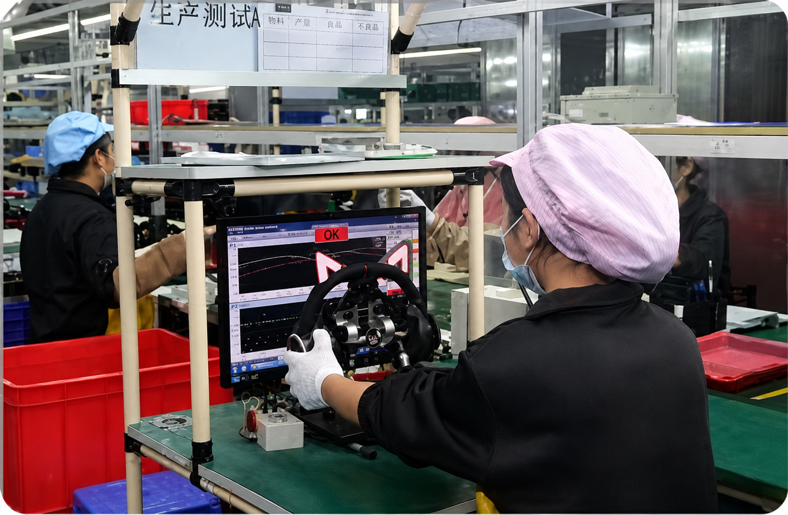 Technicians conducting electroacoustic product inspection on a production line